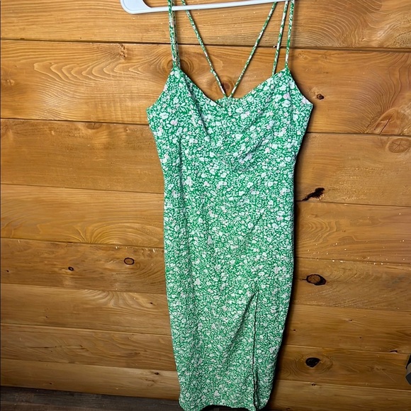 Zara Women's Med Midi Dress Floral Print Corset-Inspired  Side Slit Green Summer - Picture 1 of 9